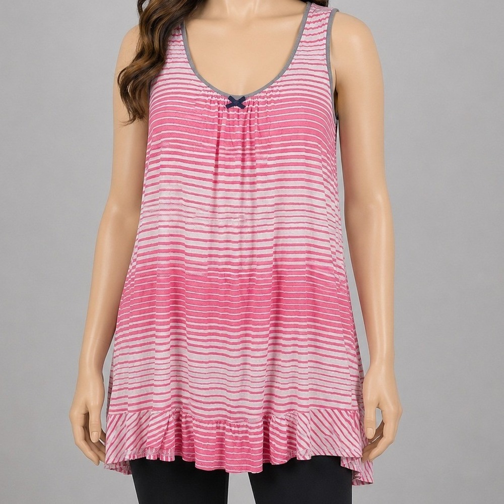 Ellen Tracy Womens Tank Top Pink Striped Ruffle Hem Bow XL